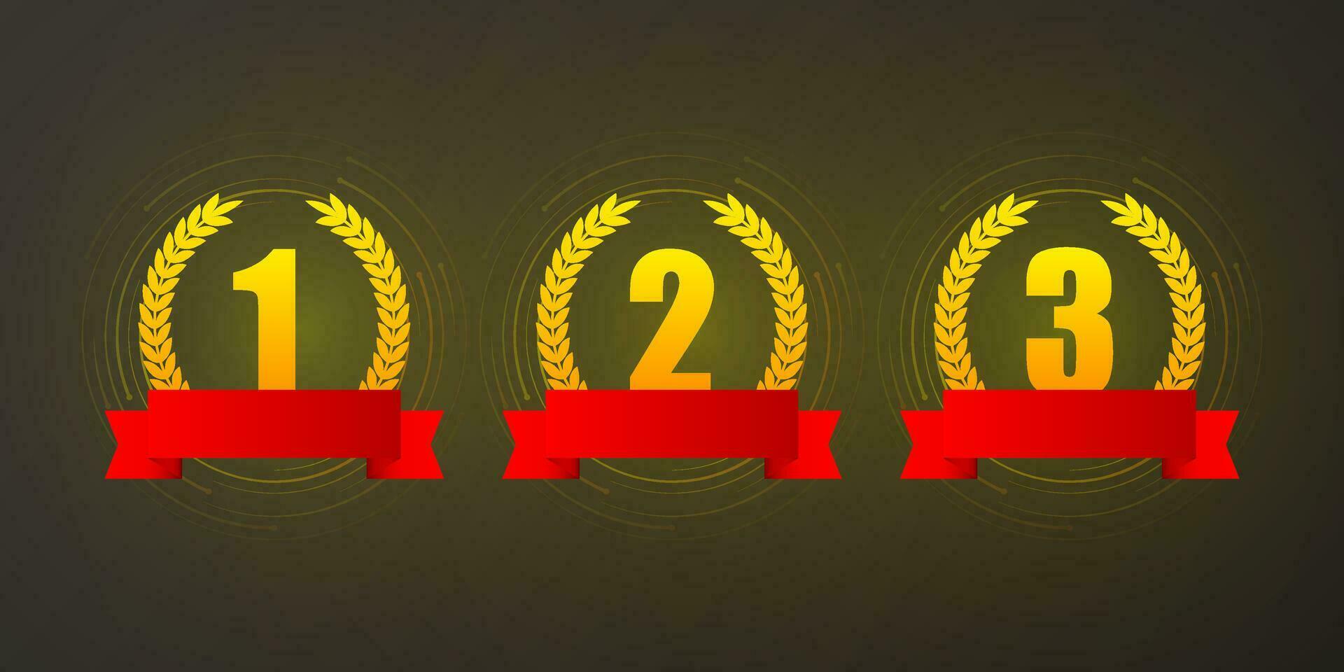 Gold, Silver and Bronze medal, Champion and winner awards - 1st, 2nd and 3rd place awards set. vector