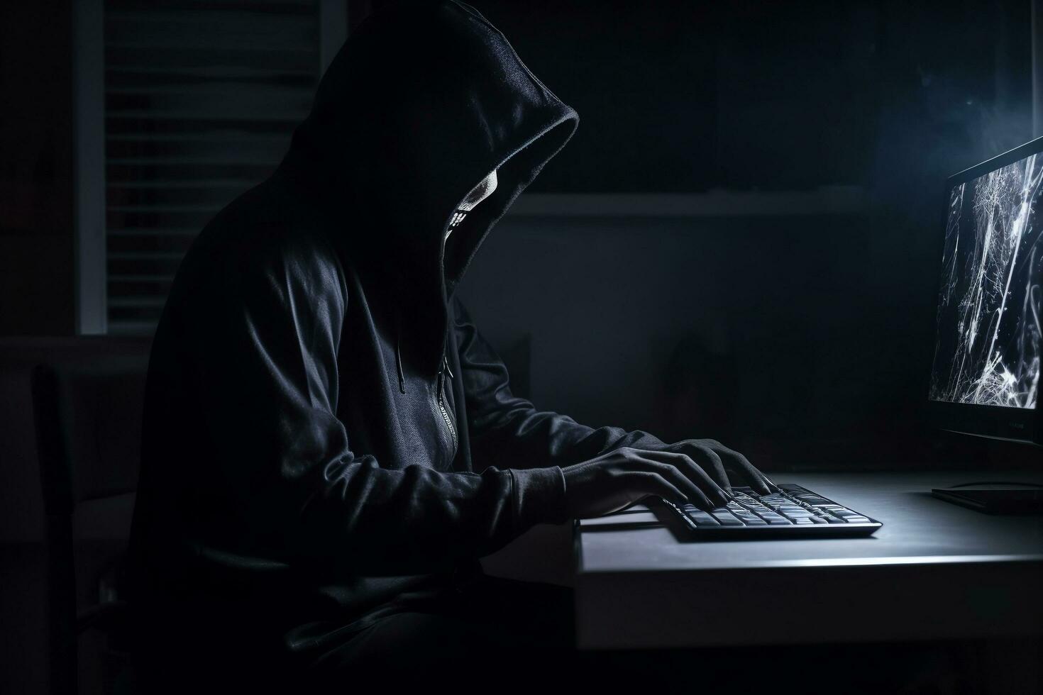 Anonymous skeleton hacker with hood sitting next to computer generative ai photo