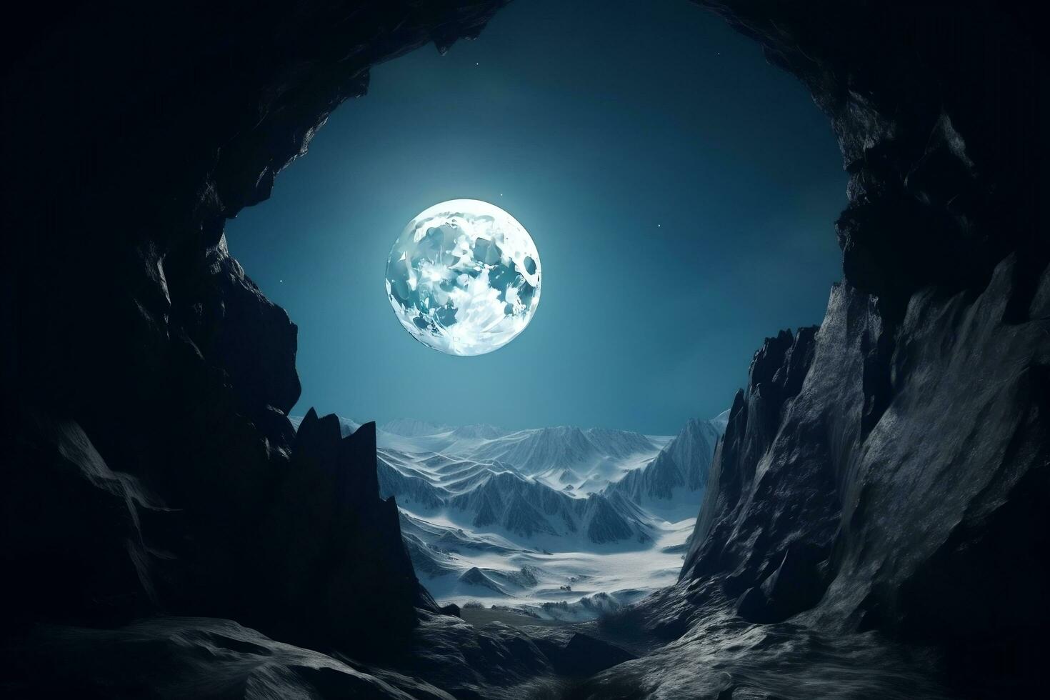 Cold blue mountain landscape and moon visible from rocky cave generative ai photo