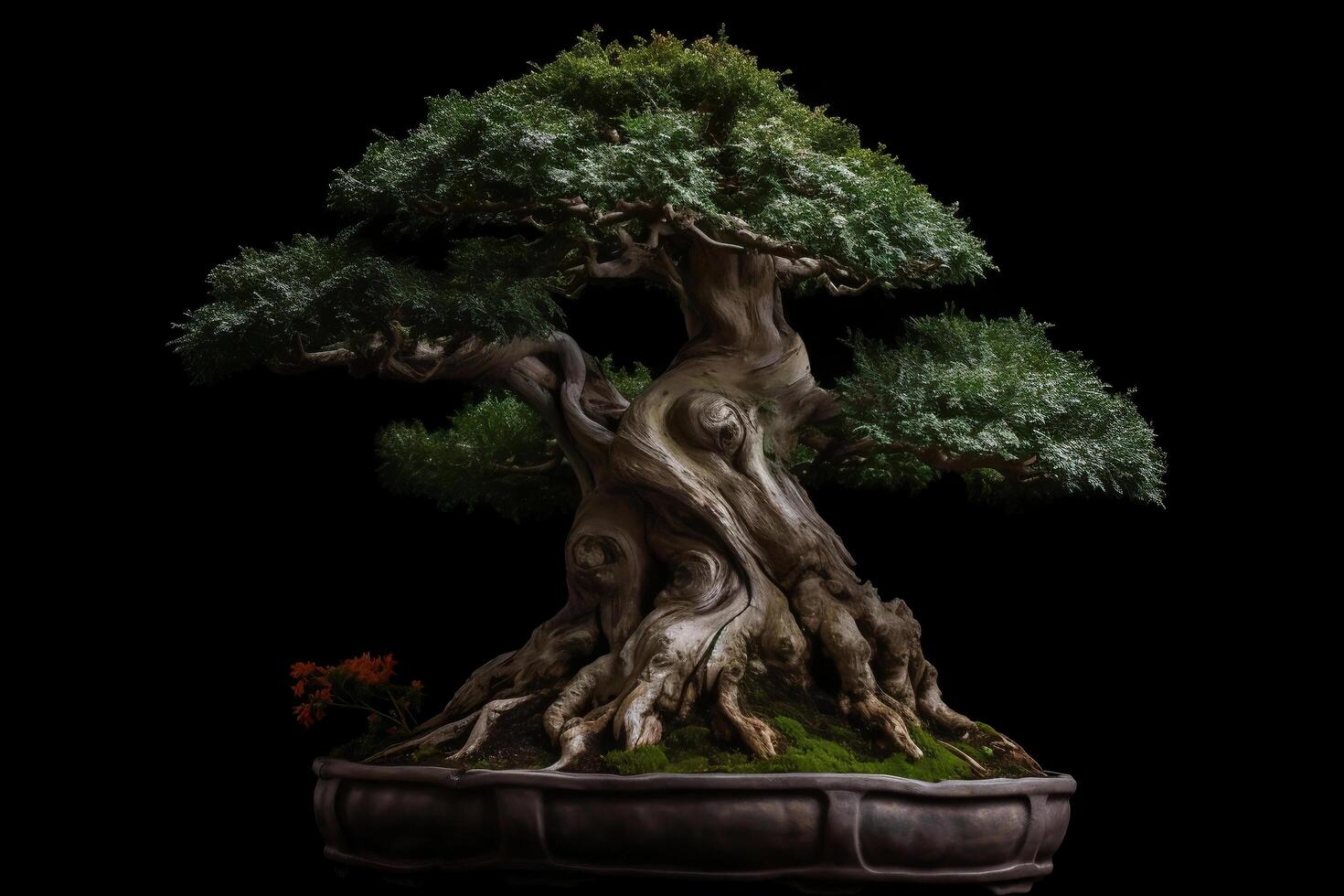 Aged bonsai tree isolated on black background photo