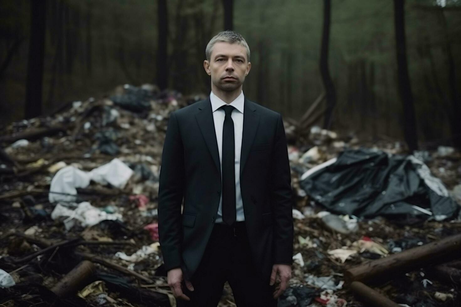 Businessman in suit stands in dark grey destroyed forest full of garbage generative ai photo