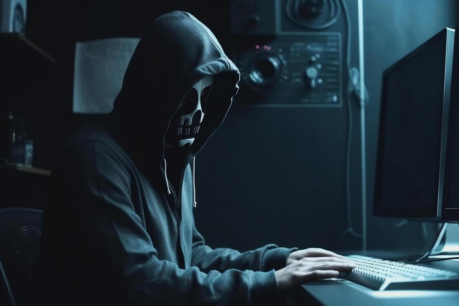 Anonymous skeleton hacker with hood sitting next to computer photo