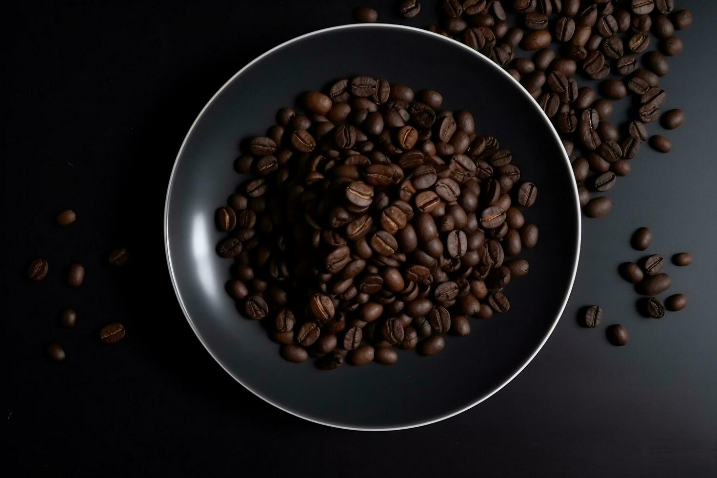 Coffee beans in the cup an plate on the table from above generative ai photo