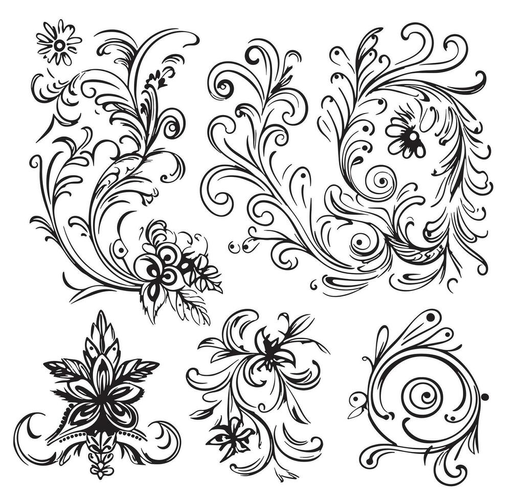 Floral decorative elements hand drawn sketch in doodle style Vector illustration