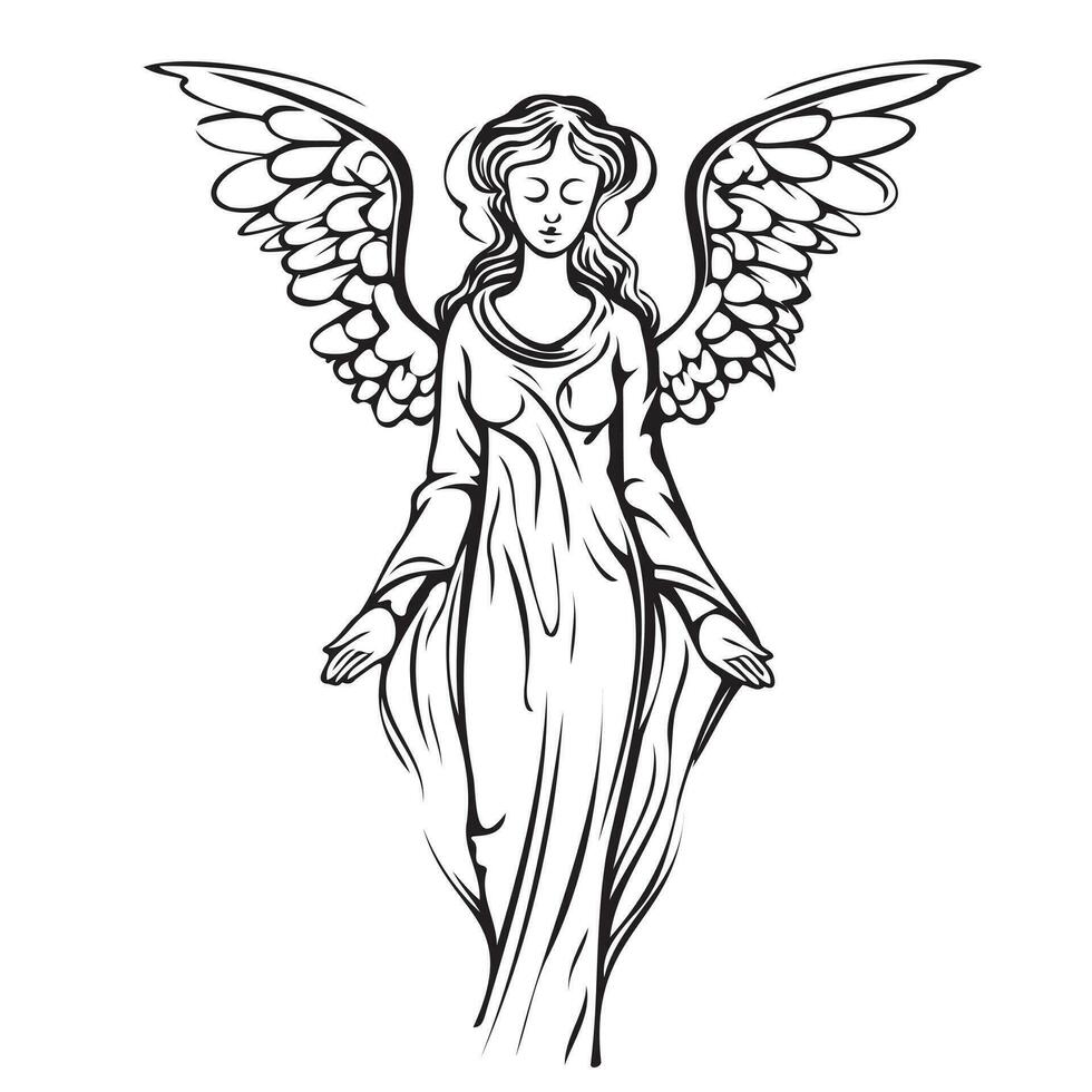 Abstract Angel girl with wings standing sketch hand drawn Vector illustration