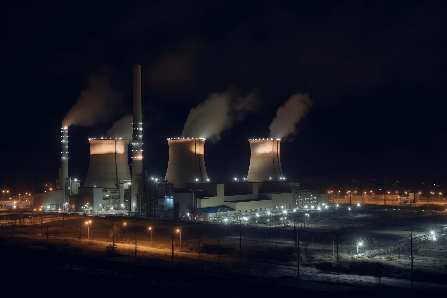 Coal power plant complex at guarded industrial district with three smokestacks at night photo