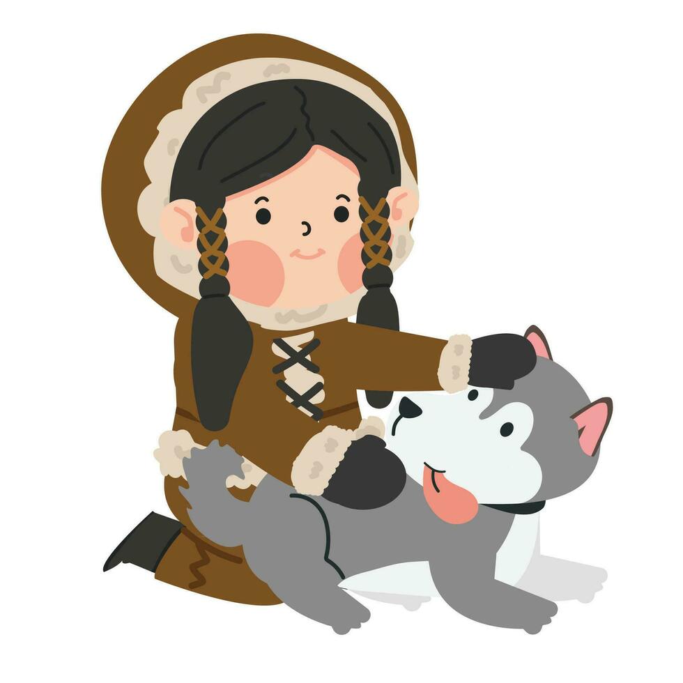 Happy eskimo girl with dog vector