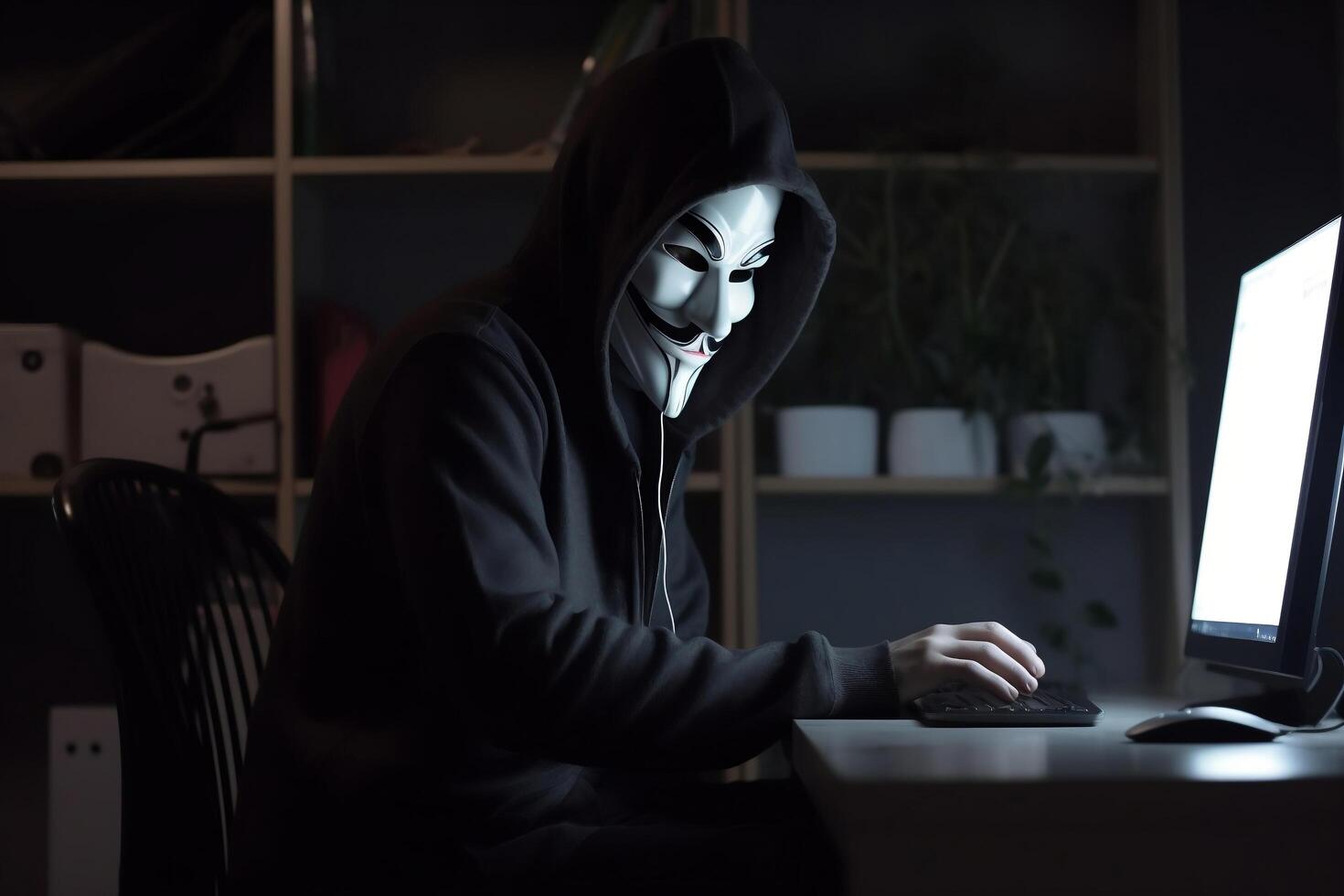 Anonymous hacker with hood and mask sitting next to computer photo