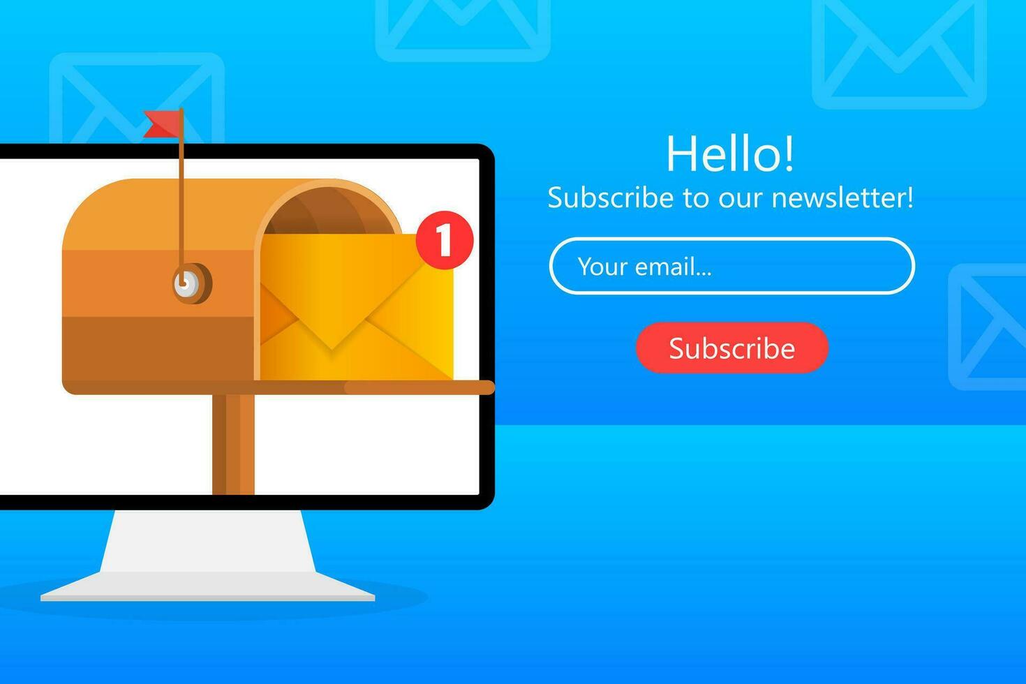 Mailbox with a letter inside in a flat style on a yellow background. Subscribe to our newsletter. Vector illustration.