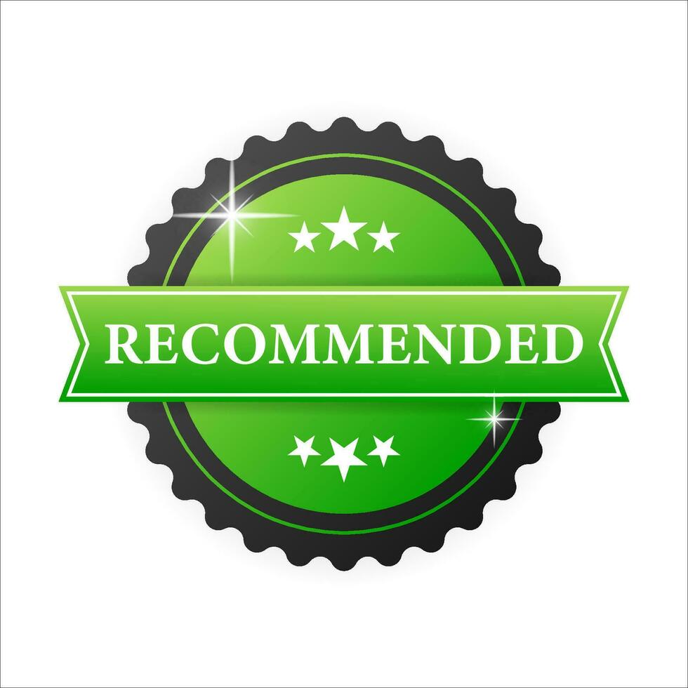 Recommended green rubber stamp with green ribbon on white background. Realistic object. Vector illustration.