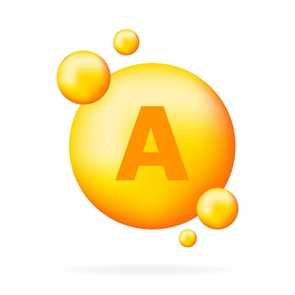 Vitamin A shining pill capcule icon. Shining golden substance drop. Meds ads. Beauty treatment nutrition skin care design. Vector illustration.