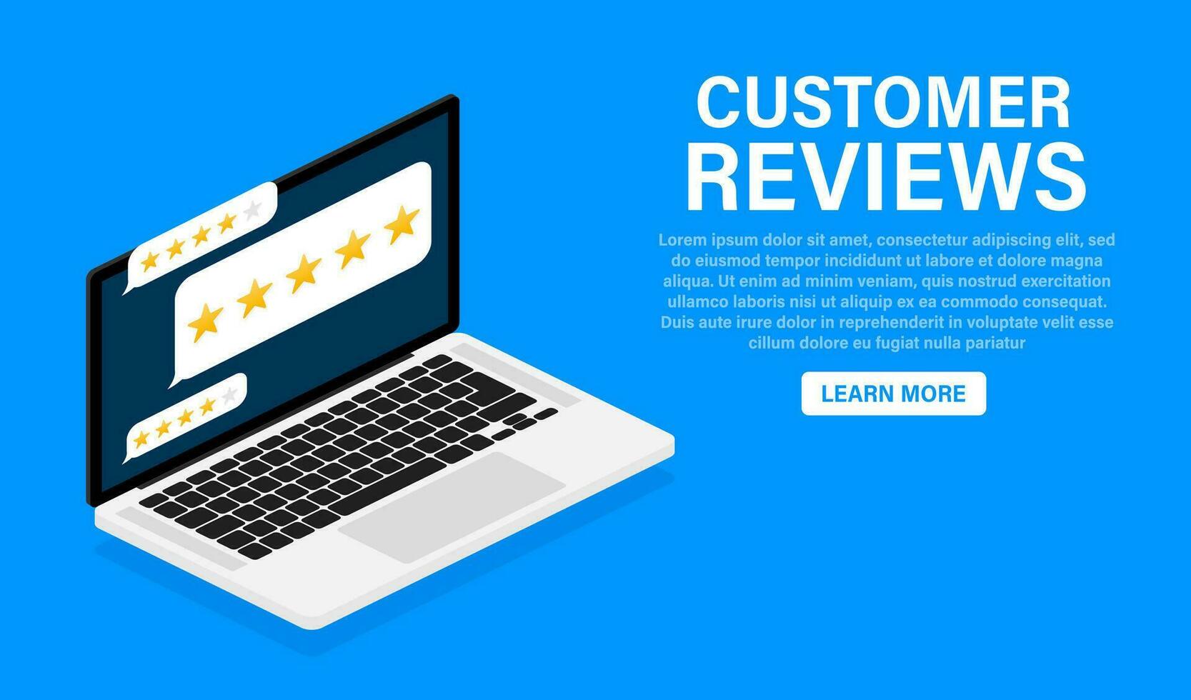 Customer review with gold star icon in laptop screen. Vector illustration.