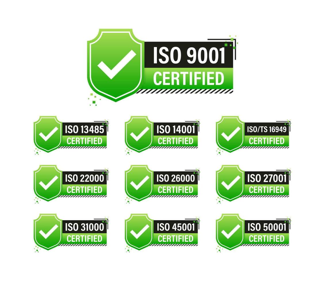 ISO certified set stamp and labels. Quality management system certified vector