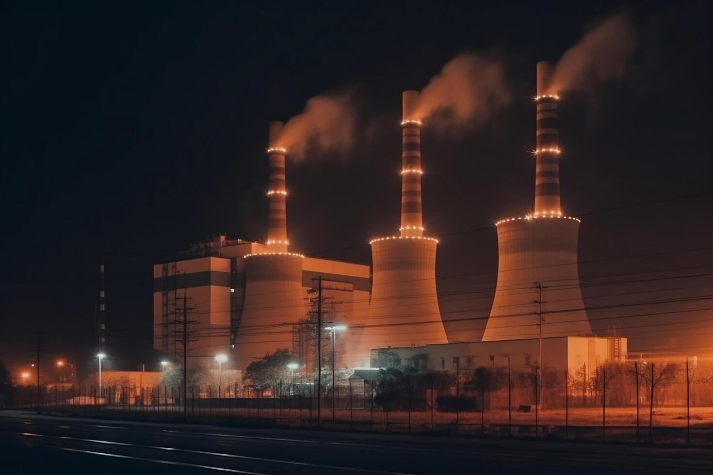Coal power plant complex at guarded industrial district with three smokestacks at night photo