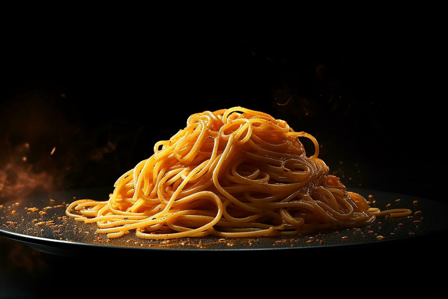 Noodle on the wooden board with dark lighting and black background. Food and delivery concept. Generative AI photo