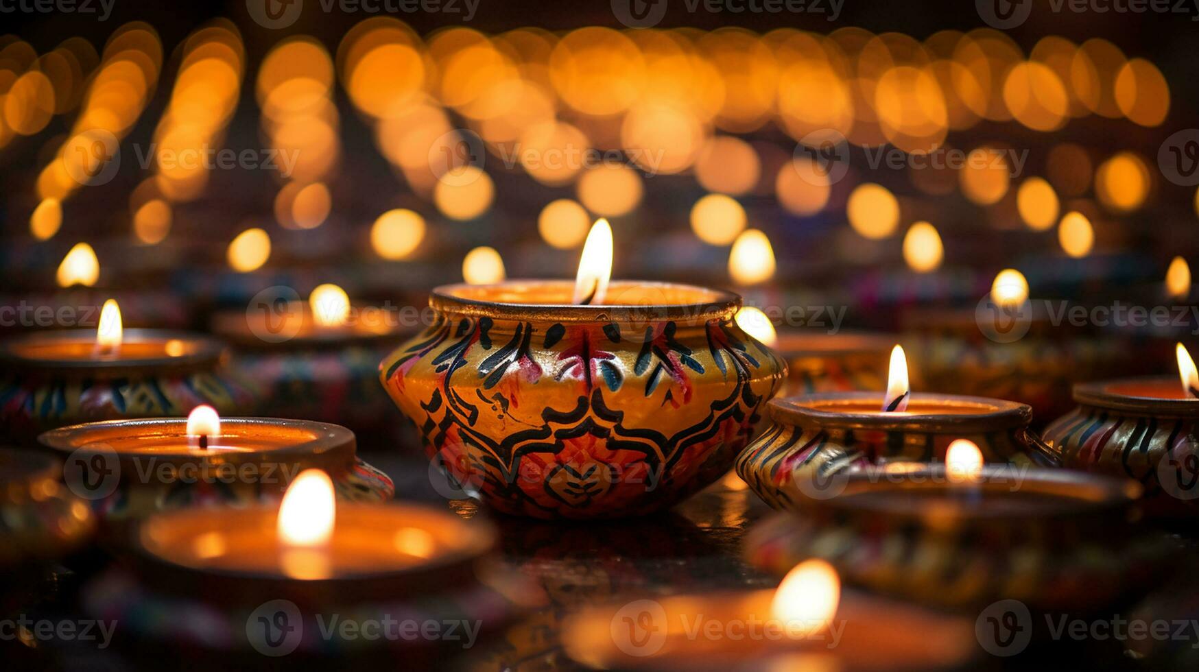 Happy Dawali concept, photo of many illuminated diya or clay oil lamp