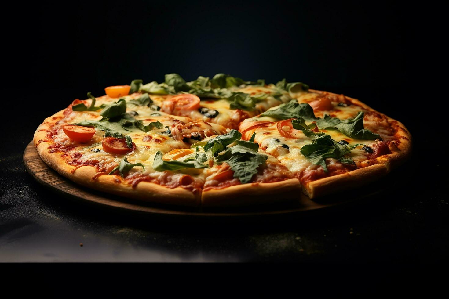 Pepperoni pizza on the wooden board with dark lighting and black background. Food and delivery concept. Generative AI photo