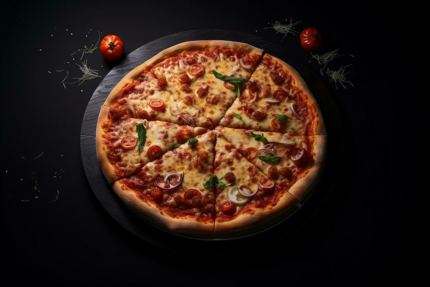 Pepperoni pizza on the wooden board with dark lighting and black background. Food and delivery concept. Generative AI photo