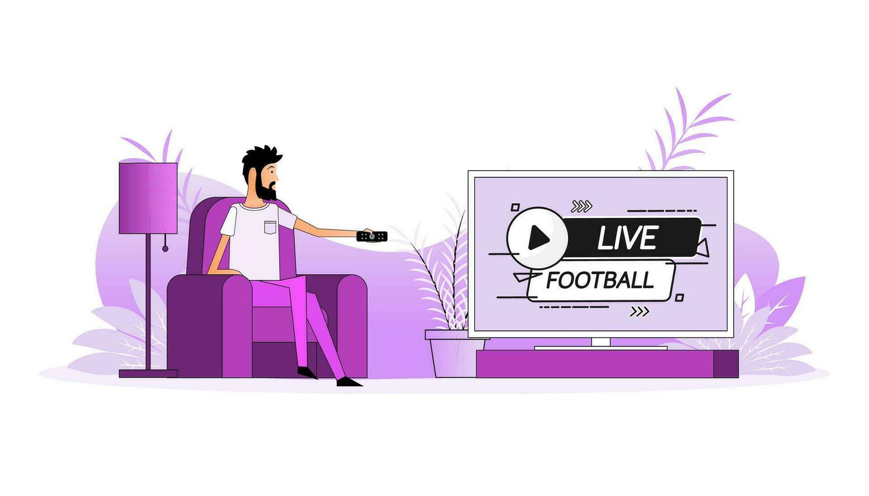 Man sits on the couch, they switch the channel on the TV - Live football vector