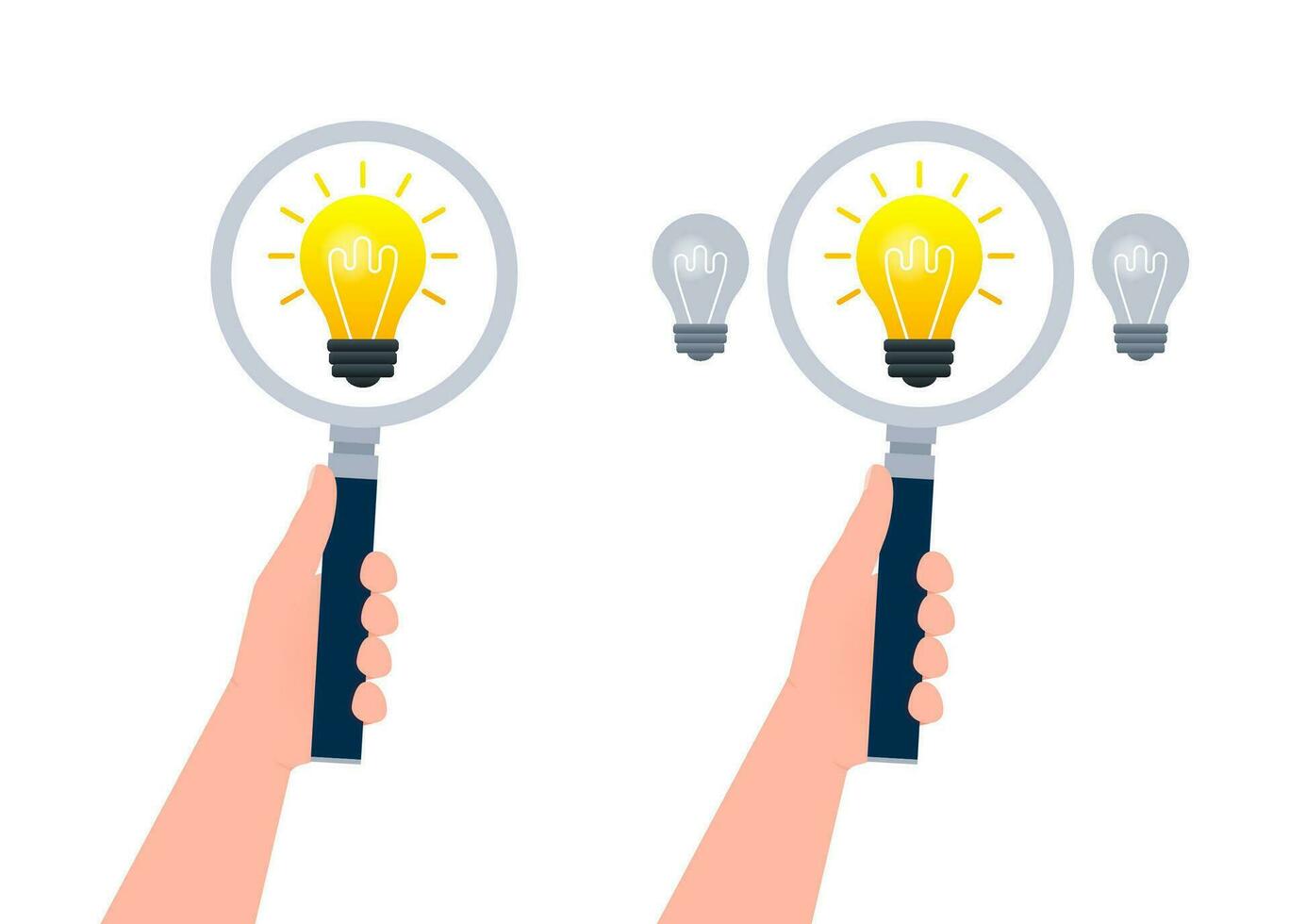 Search idea. Magnifying glass in hand. Ideas Analysis. Light bulb. vector