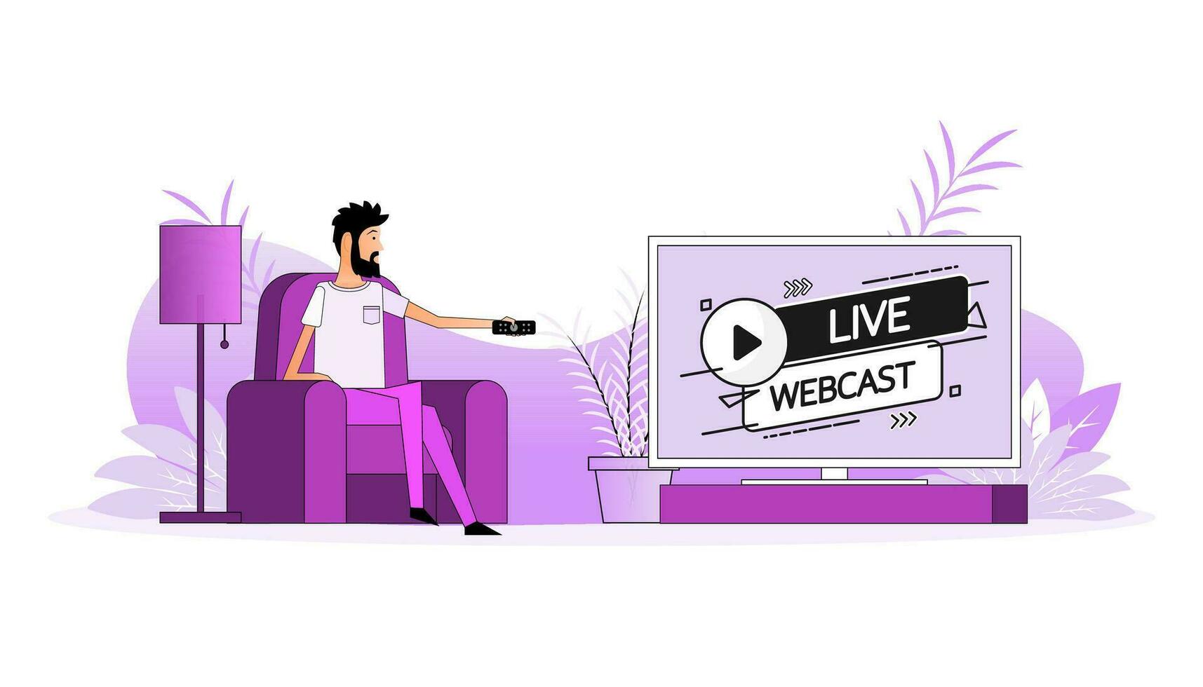 Man sits on the couch, they switch the channel on the TV - Live webcast vector