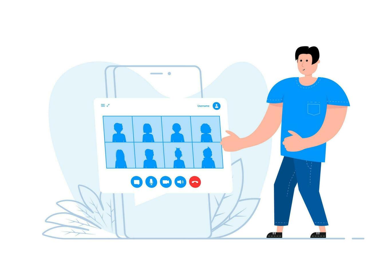A man stands near the smartphone, on the screen Video conference and online communication. Video call. vector