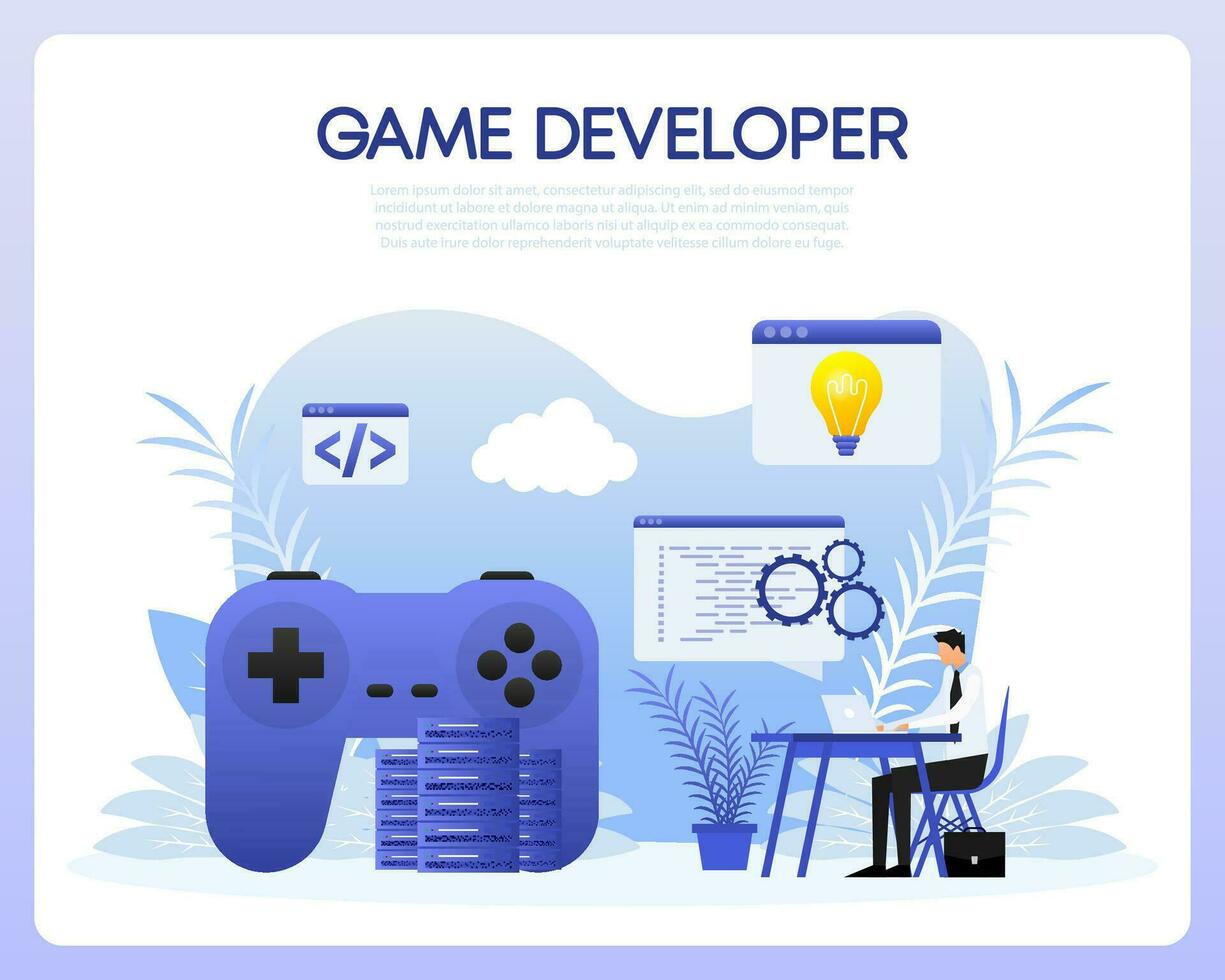 Game development. Digital simulation. Video games programming. Vector illustration.