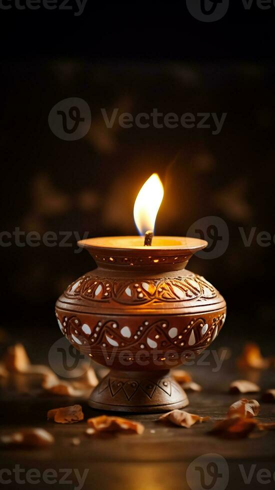 Happy Dawali concept, photo of illuminated diya or clay oil lamp