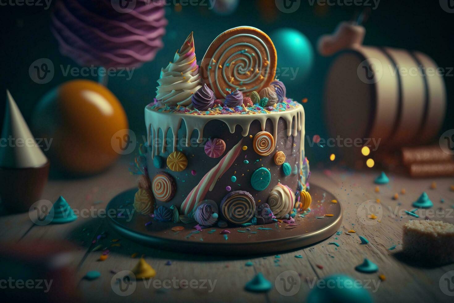 colorful festive birthday cake with lots of icing and decor elements. ai generative photo