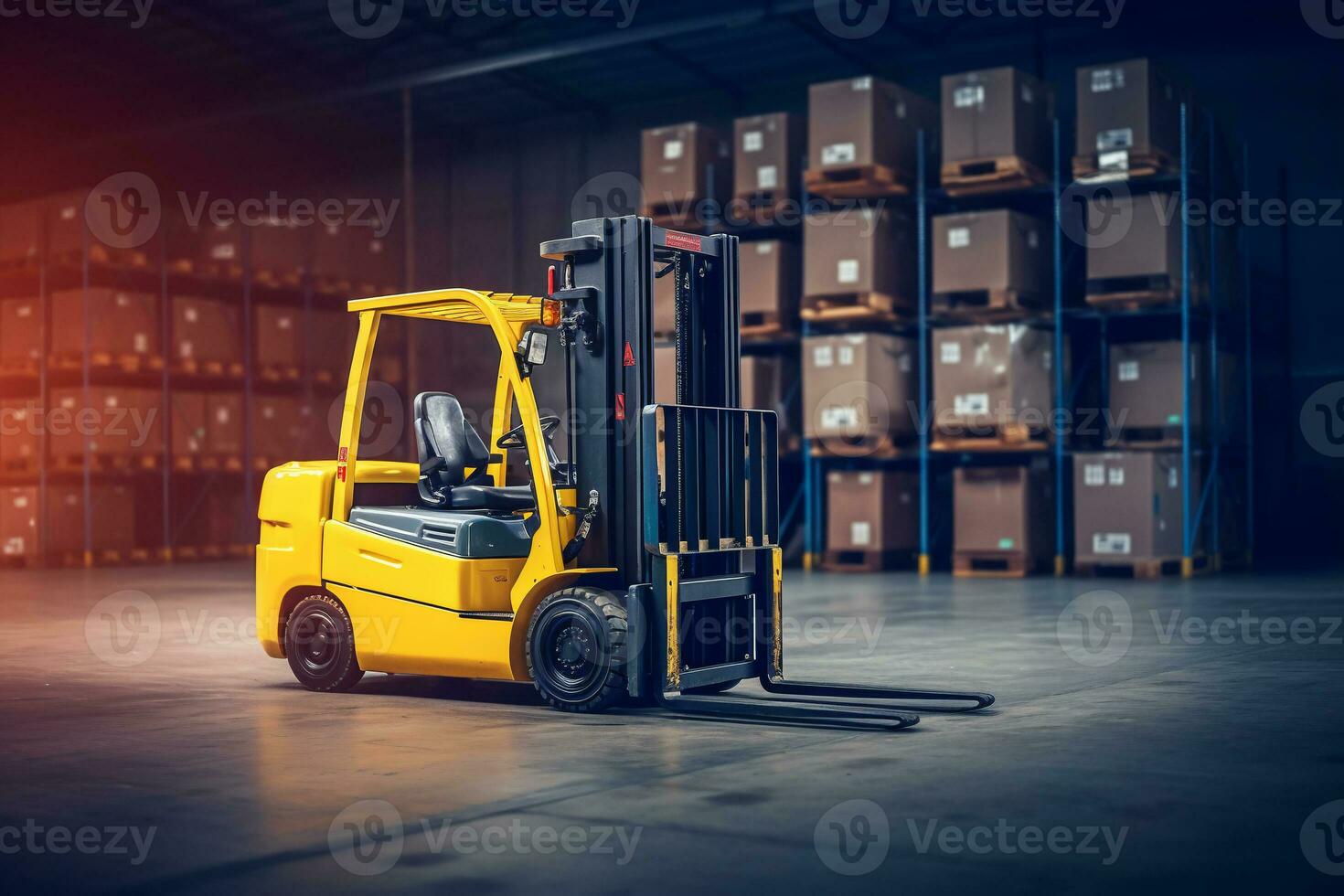 yellow forklift in a warehouse with cardboard boxes.logistics and delivery concept. ai generative photo