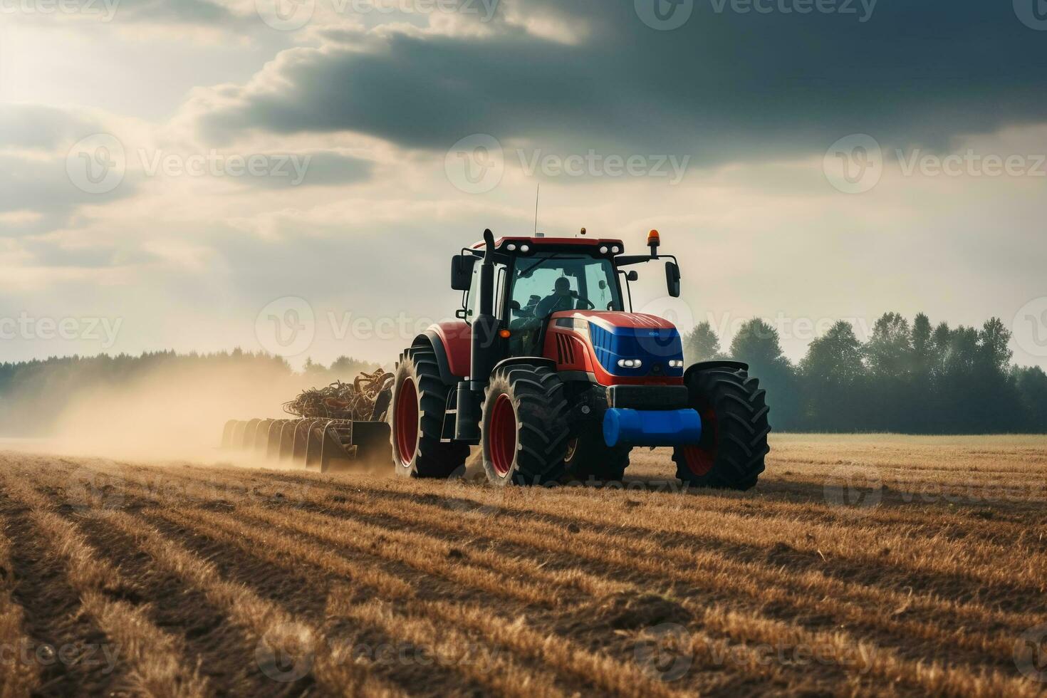 The tractor plows the land in the field. ai generative photo