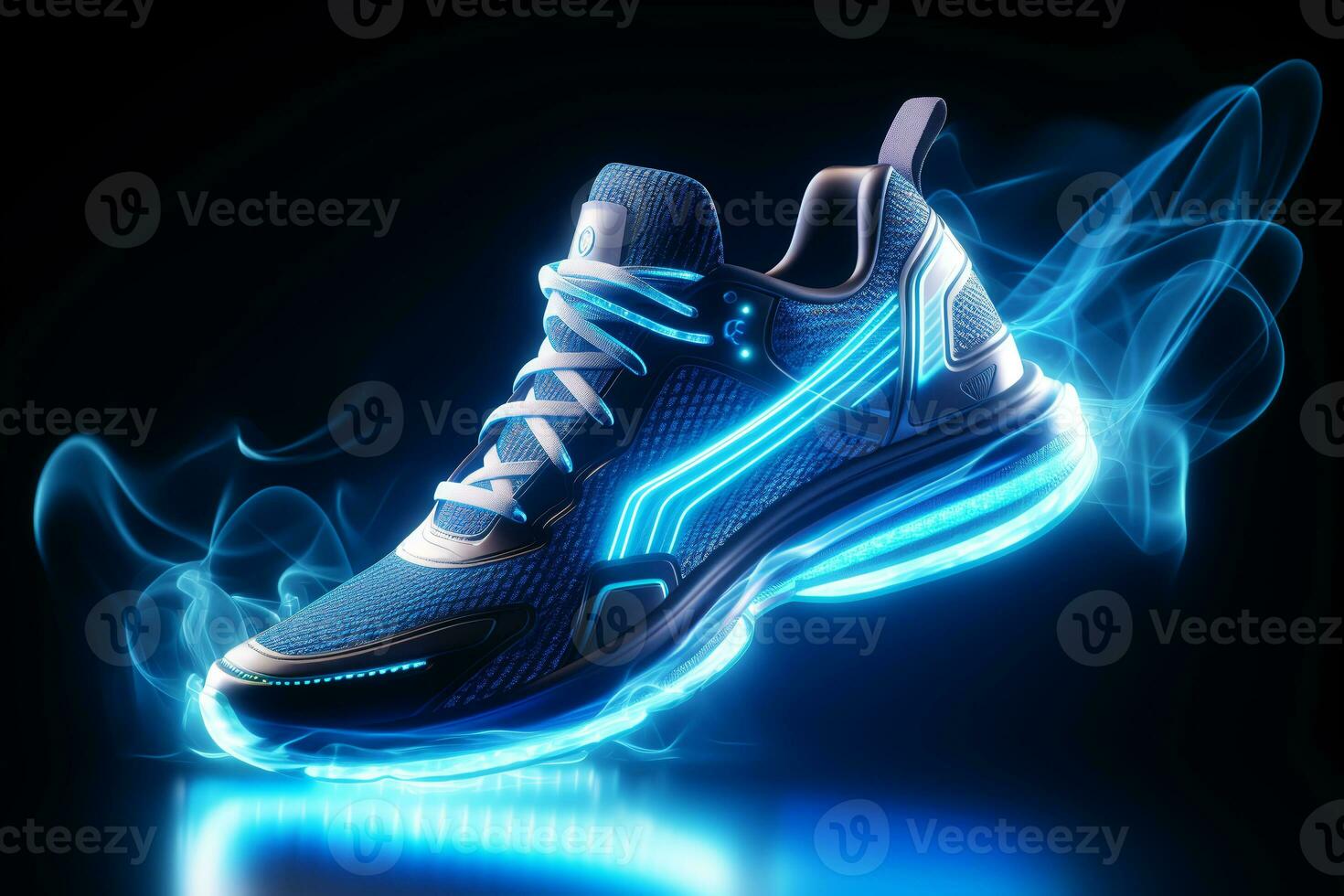 shoes for sports and fitness, running and speed. sneakers of the future with neon glow. ai generative photo