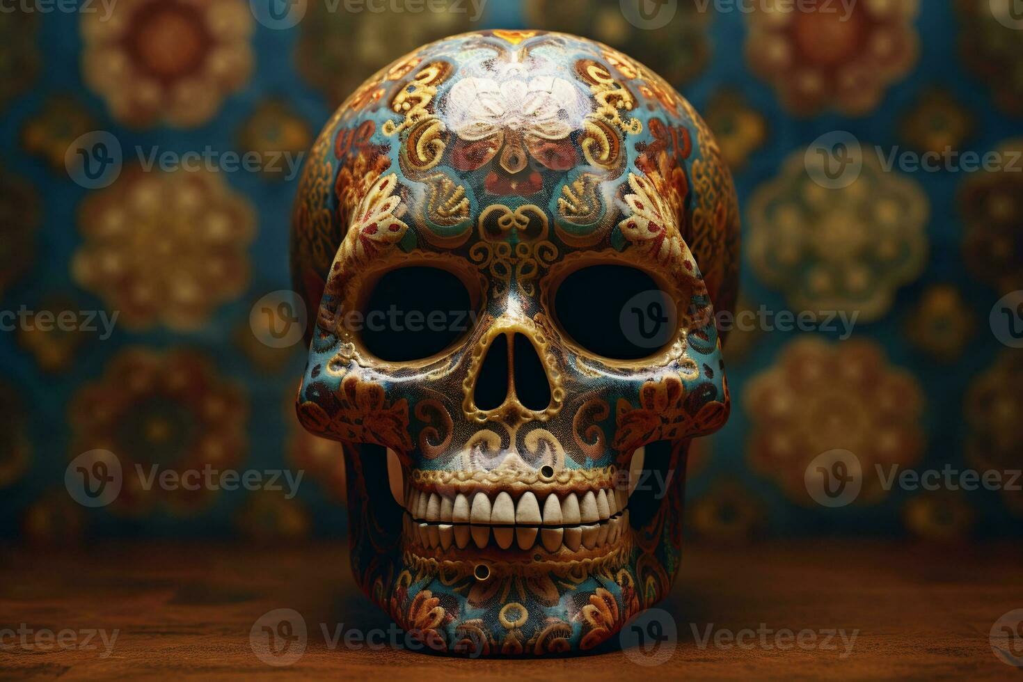 Painted human skull for the Day of the Dead in Mexico.ai generative photo