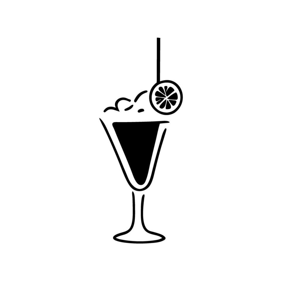 Icon of a cocktail decorated with lemon. Vector black and white illustration in the style of line art.