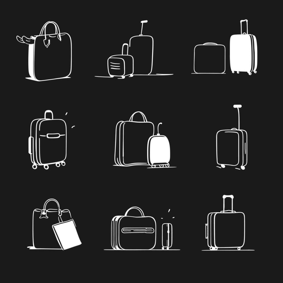 un conjunto de viaje maletas y pantalones en un negro antecedentes. vector
