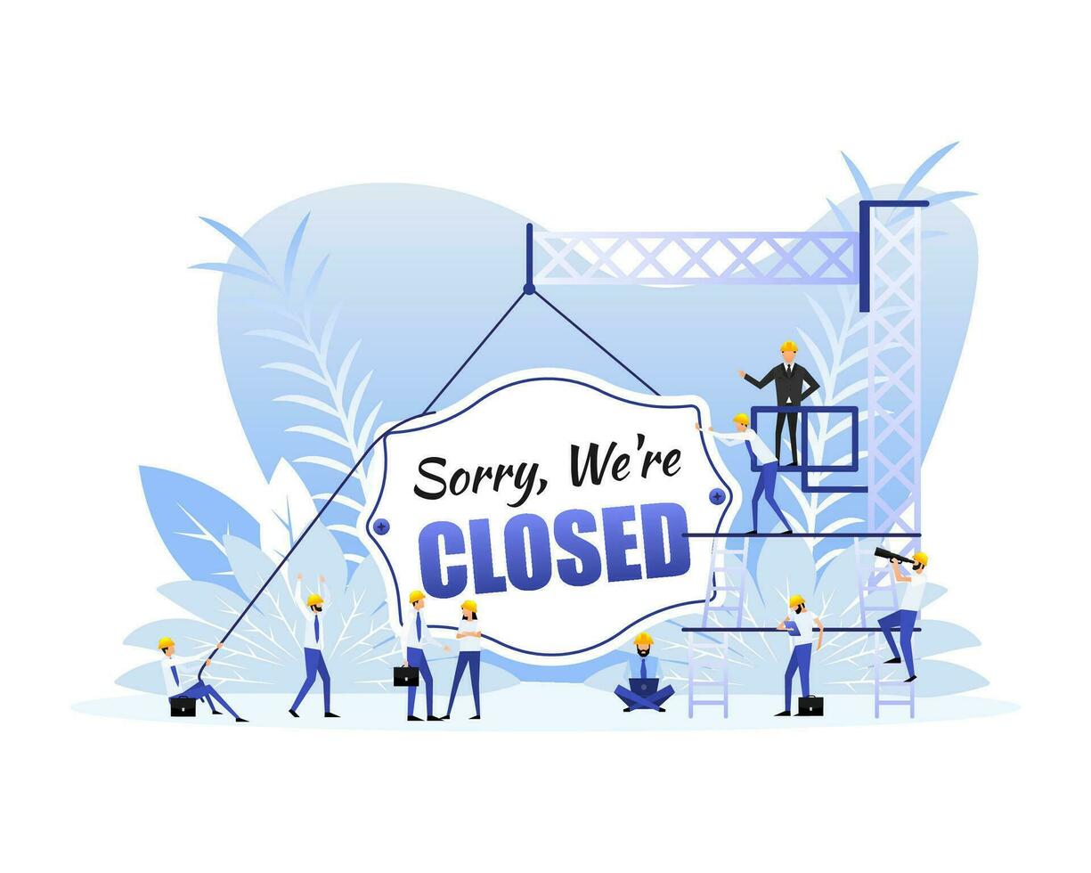 Sorry we are closed sign door, many people. Vector illustration