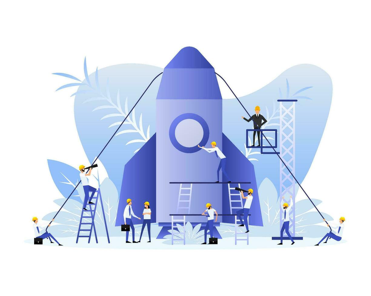 Poster with rocket people. Startup company launch concept, flat tiny person vector illustration