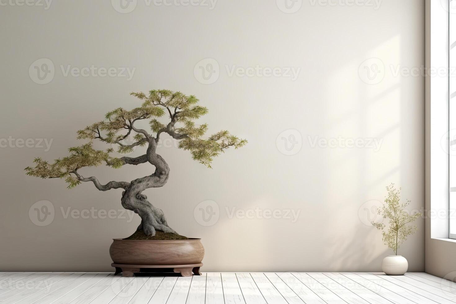 Home minimal interior design living room with beige cozy tone style, decorate with clean home furniture, and warm tone background, empty wall for mock up and banner, with . photo