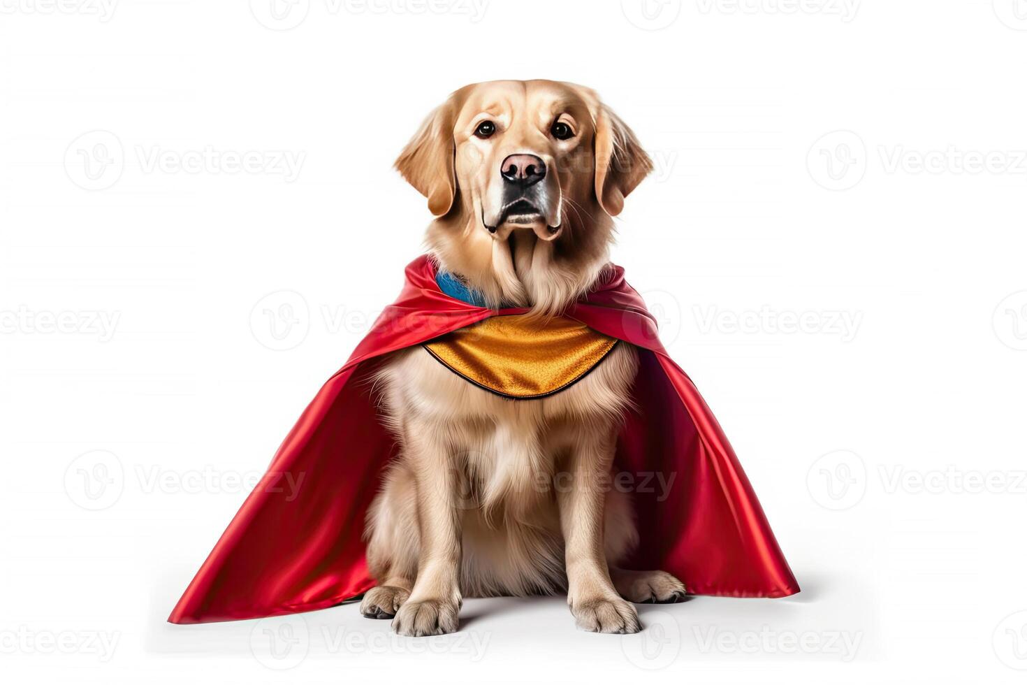 Cute dog Golden retriever with super hero costume help people and perform a mission isolated on white background, funny moment, pet concept, with . photo