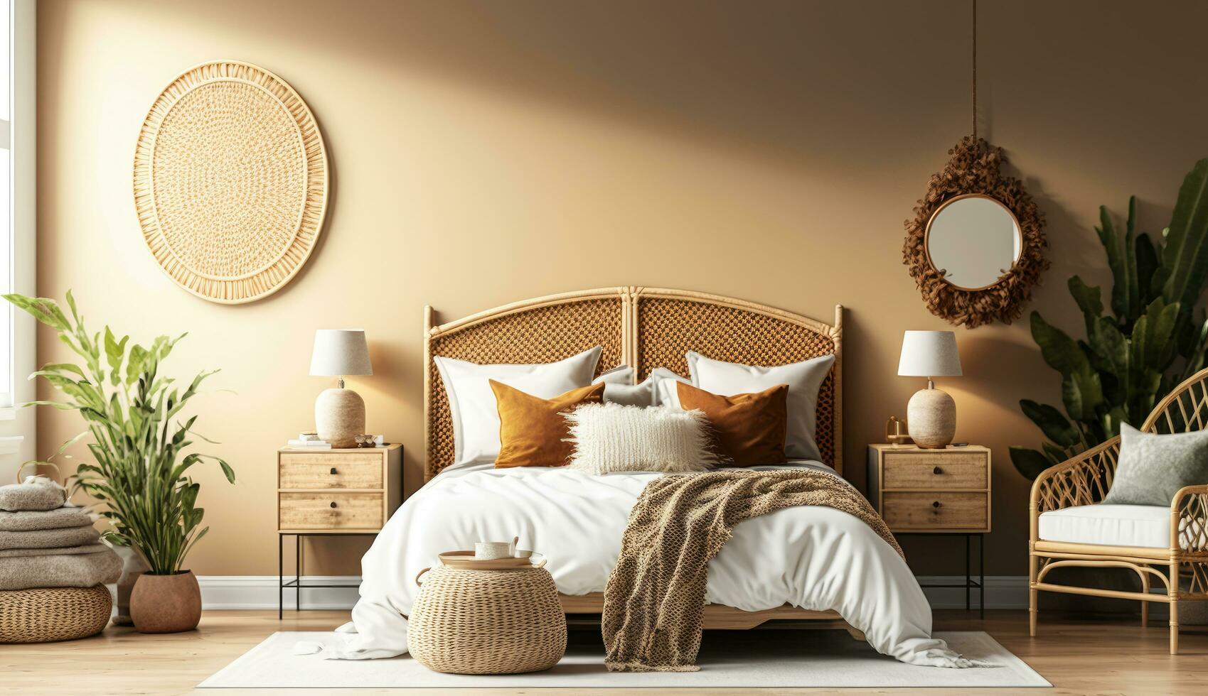 boho mínimo dormitorio interior estilo con hogar decoración burlarse de arriba. acogedor beige púa elegante, muebles, cómodo cama, moderno diseño antecedentes con generativo ai. foto