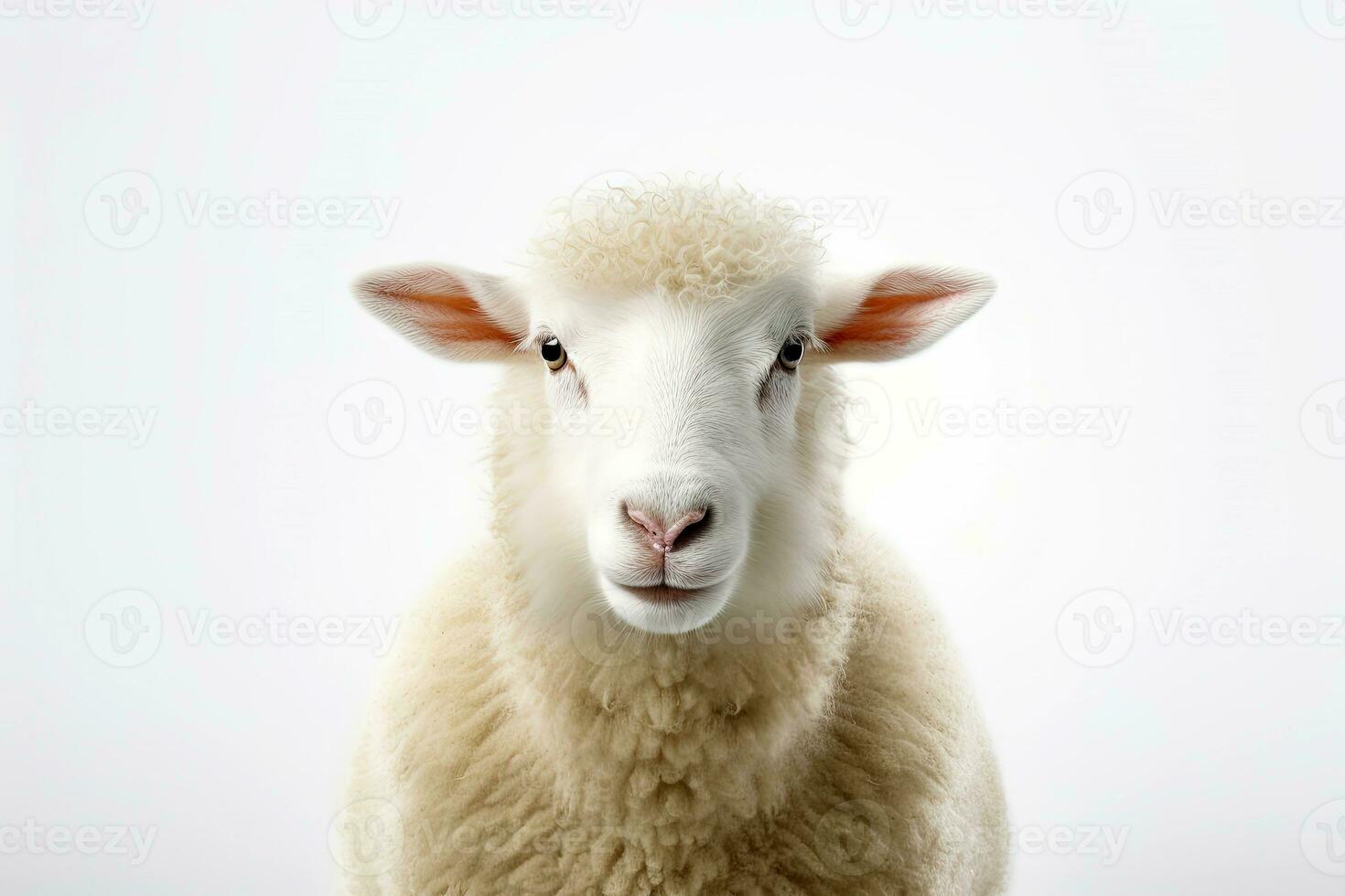 White fluffy sheep farm portrait looking at camera isolated on clear png background, funny moment, Farmland animals concept, with Generative Ai. photo