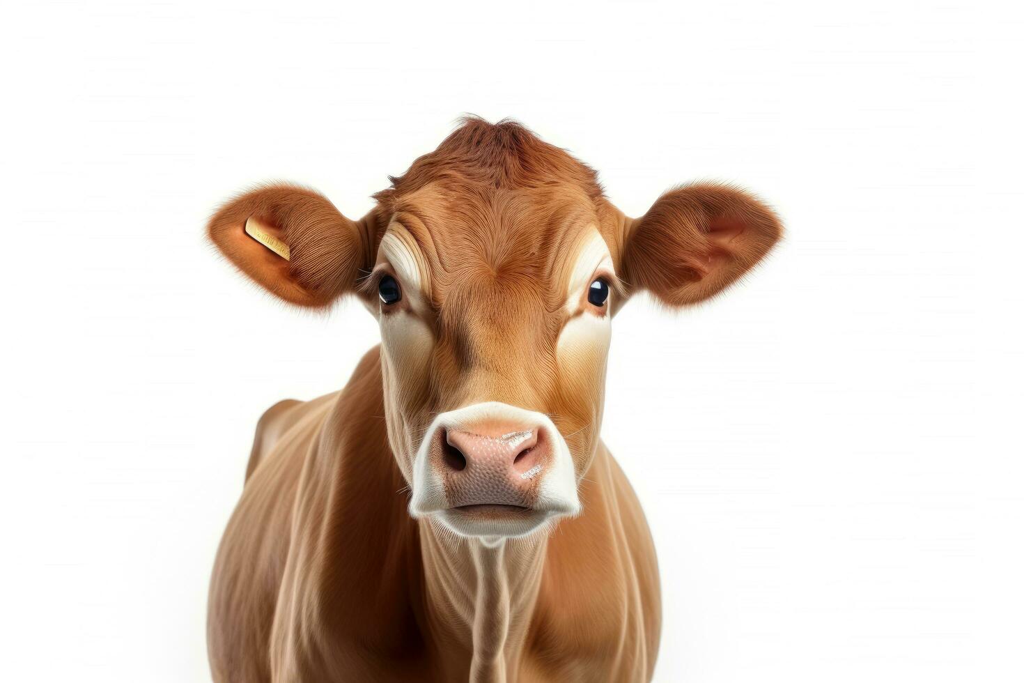 Brown Cow or bullock farm portrait looking at camera isolated on clear png background, funny moment, Farmland animals concept, with Generative Ai. photo