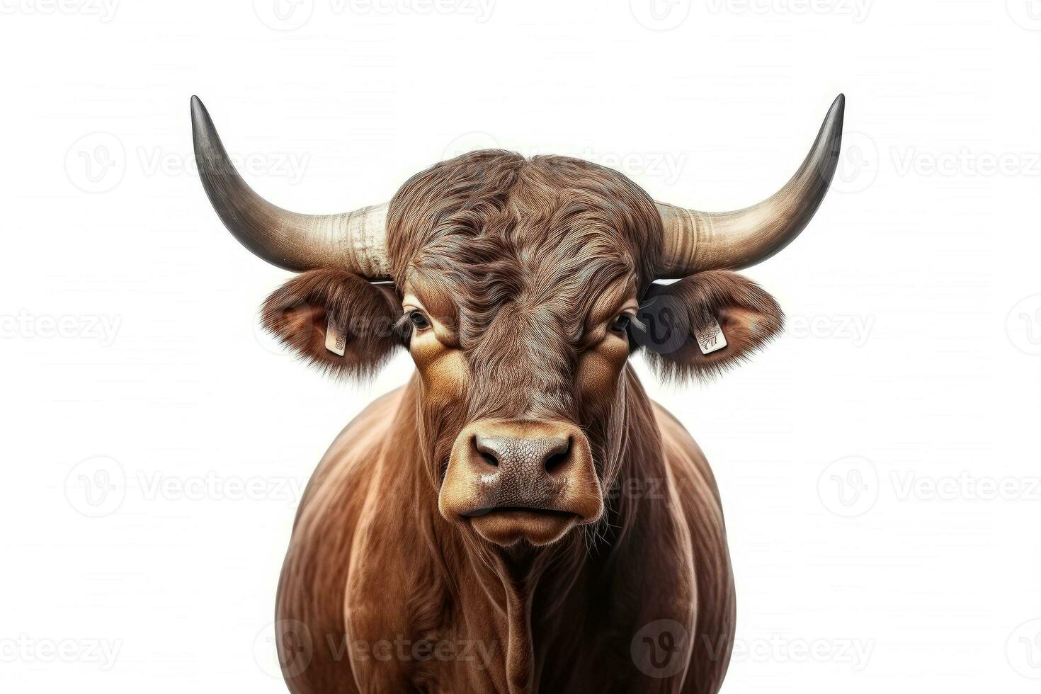 Strongest dark brown bull with muscles and long horns portrait looking at camera isolated on clear png background, Animals Fighter concept, with Generative Ai. photo