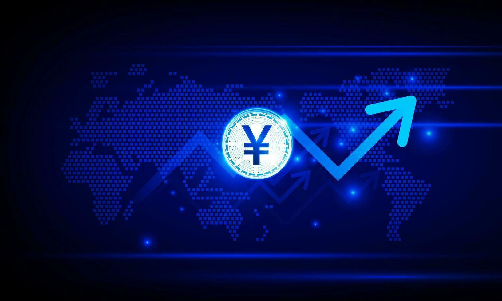 Financial chart with moving up arrow yuan of chinese money graph and world map in stock market on blue color background concept innovation background, vector design