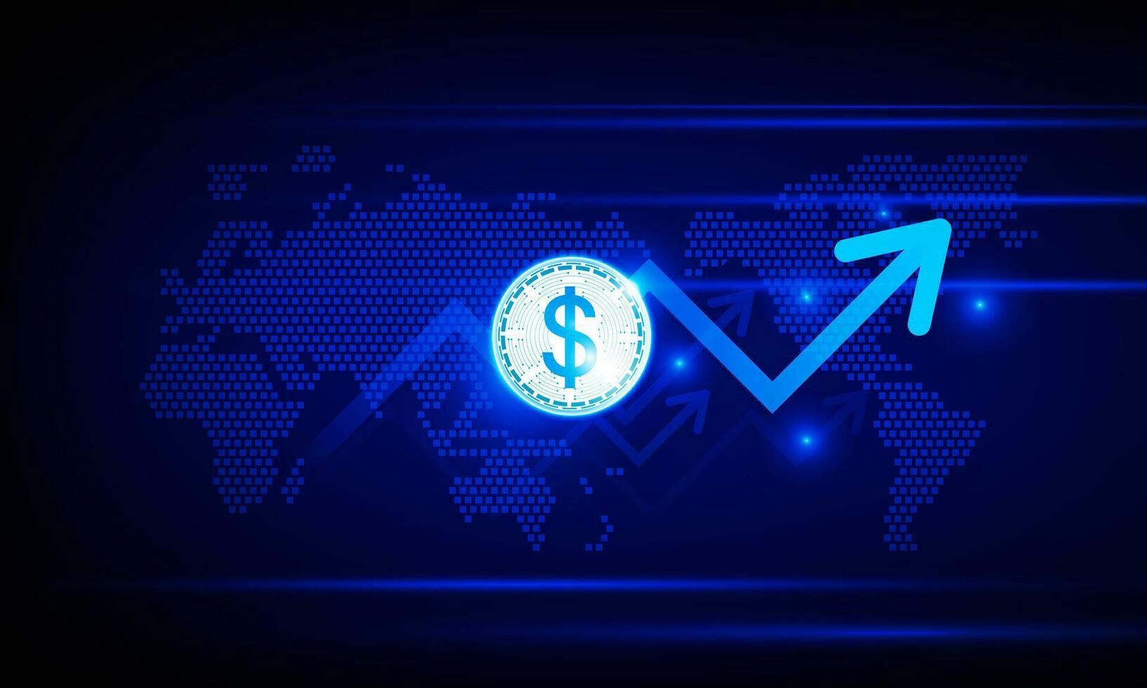 Financial chart with dollar money moving up arrow graph and world map in stock market on blue color background concept innovation background, vector design
