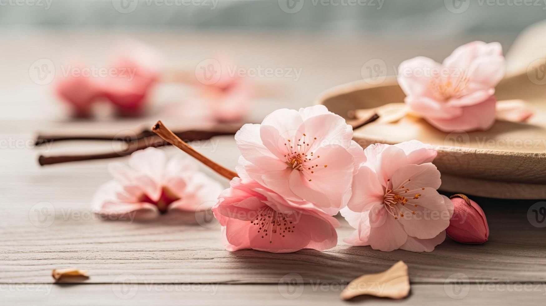 Cherry blossoms on the floor complete with stems photo