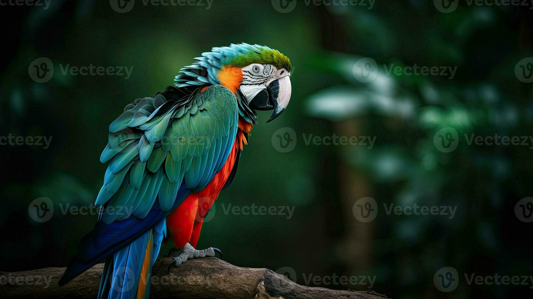 Parrot ara with red and green feathers in the usual habitat with green grass and sprawl sits on a wooden branch AI Generative photo