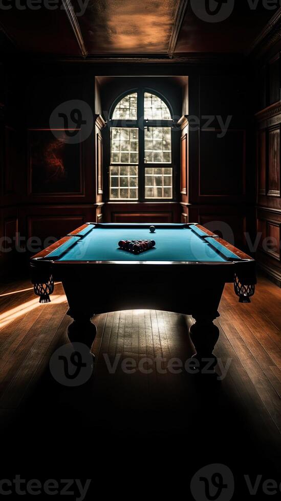 Billiard table with green surface and balls in the billiard club.Pool Game AI Generative photo