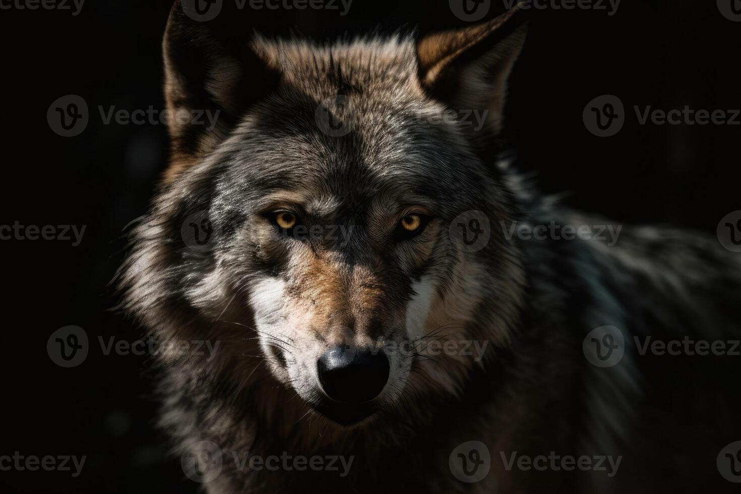 Brown wolf grins at the pack photo