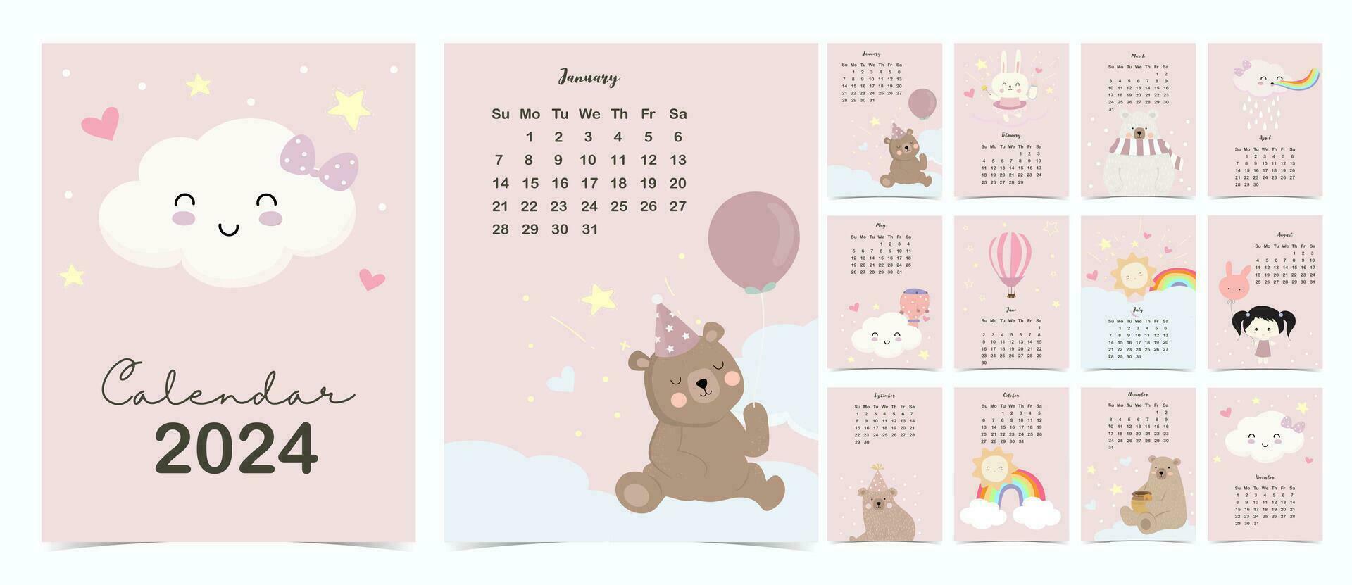 2024 table calendar week start on Sunday with cartoon that use for vertical digital and printable A4 A5 size vector